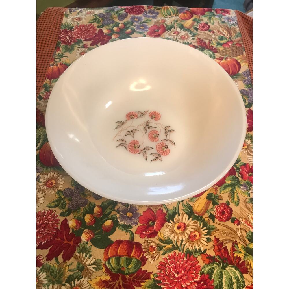 Vintage Fire-King Fleurette Serving Bowl Ovenware Milkβ Glass Pink Flowers
